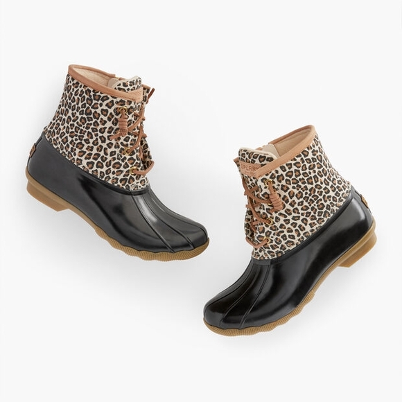 Sperry Black and Tan Leopard Print Winter Boots - Picture 1 of 7